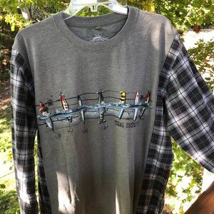 Reworked Plaid Tee, Size L-XL: Upcycled Fishing Graphic Long-Sleeved T-Shirt